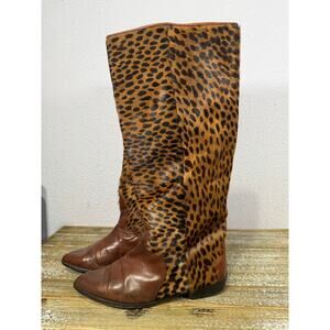 Vintage Cuoio Leopard Knee High Boots Brown Leather 7.5 Western Mob Wife Glam